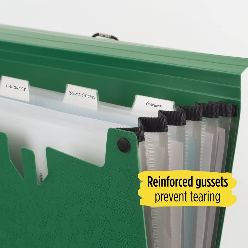 Five Star 6 Pocket Expanding File Organizer, Plastic Expandable File Folders with Pockets and Tab Inserts, Holds 11" x 8-1/2", Bungee Closure, Forest Green (72925) - Image 2